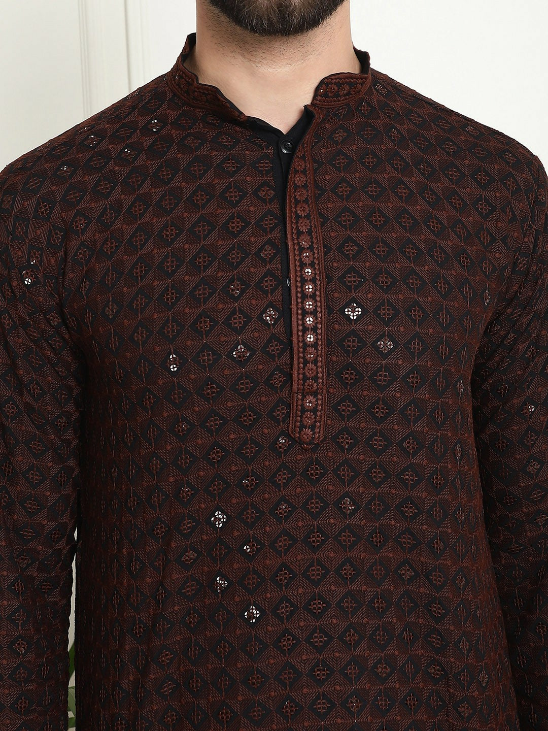 Men’s Coffee Brown Geometric Embroidered Kurta with Sequins – Pure Cotton, Mandarin Collar, Knee Length | Indiaista