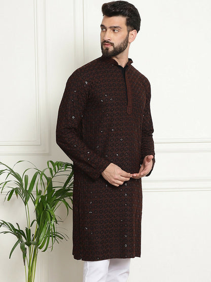 Men’s Coffee Brown Geometric Embroidered Kurta with Sequins – Pure Cotton, Mandarin Collar, Knee Length | Indiaista