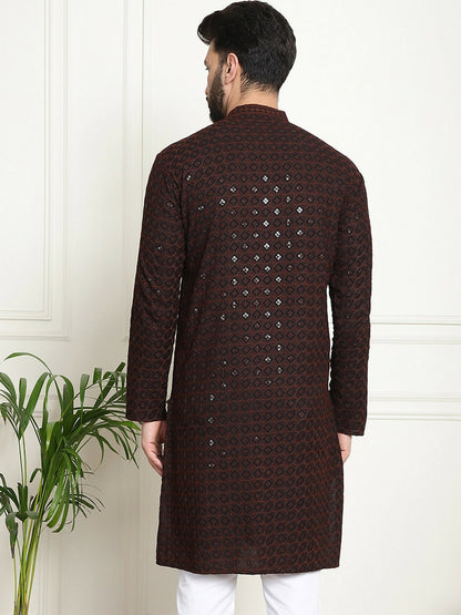 Men’s Coffee Brown Geometric Embroidered Kurta with Sequins – Pure Cotton, Mandarin Collar, Knee Length | Indiaista