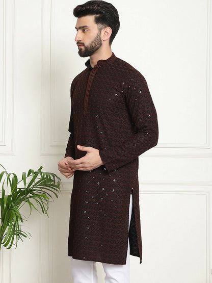 Men’s Coffee Brown Geometric Embroidered Kurta with Sequins – Pure Cotton, Mandarin Collar, Knee Length | Indiaista