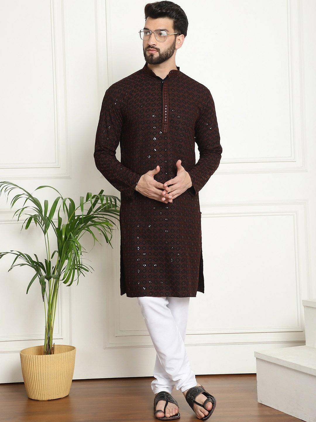 Men’s Coffee Brown Geometric Embroidered Kurta with Sequins – Pure Cotton, Mandarin Collar, Knee Length | Indiaista