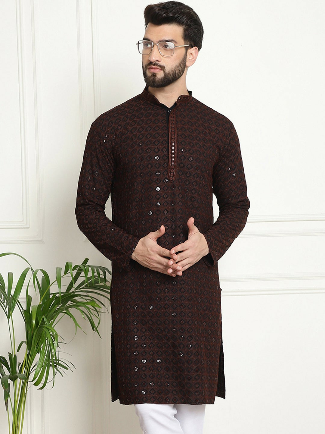 Men’s Coffee Brown Geometric Embroidered Kurta with Sequins – Pure Cotton, Mandarin Collar, Knee Length | Indiaista