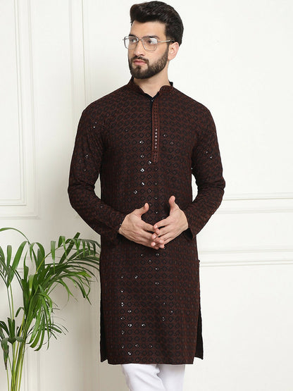 Men’s Coffee Brown Geometric Embroidered Kurta with Sequins – Pure Cotton, Mandarin Collar, Knee Length | Indiaista