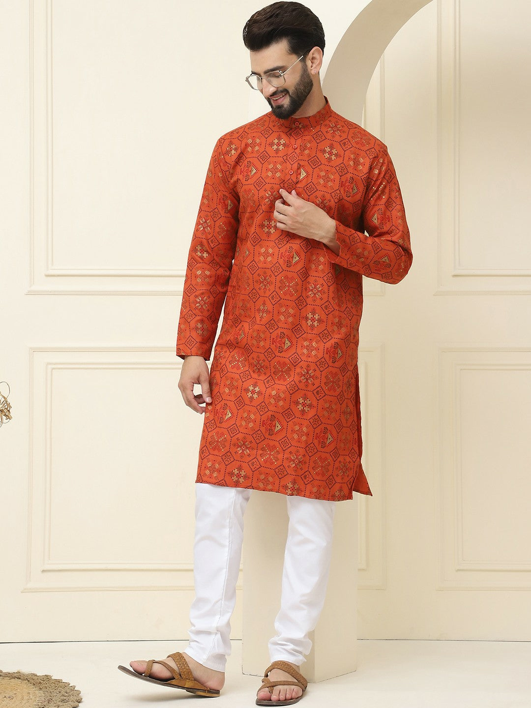 Men’s Orange & Black Geometric Printed Kurta – Mandarin Collar, Regular Style, Knee-Length Cotton Kurta | Indiaista