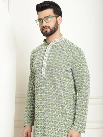 Men’s Green Geometric Embroidered Pure Cotton Kurta – Mandarin Collar, Straight Fit, Knee-Length | Indiaista