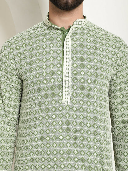 Men’s Green Geometric Embroidered Pure Cotton Kurta – Mandarin Collar, Straight Fit, Knee-Length | Indiaista