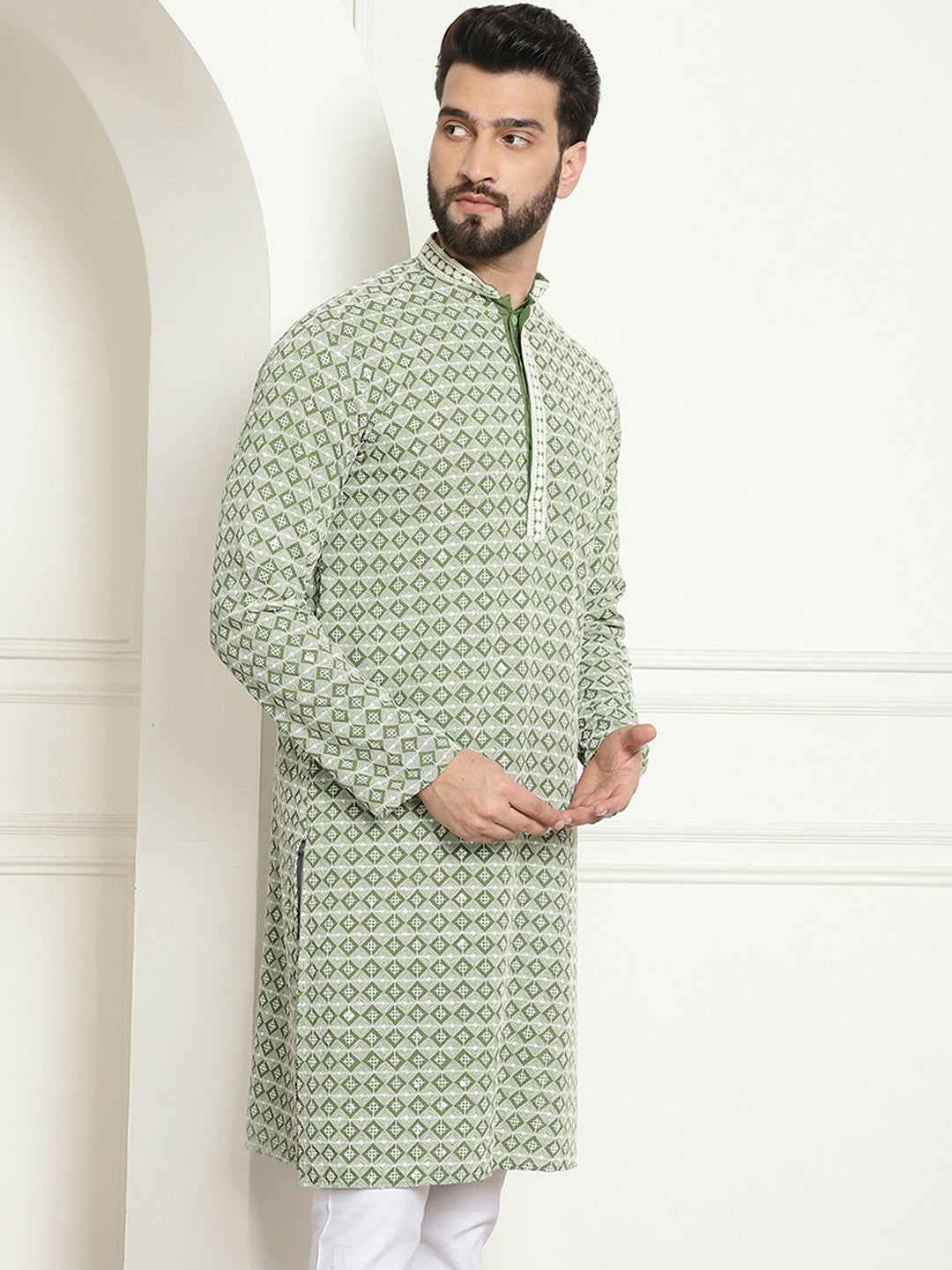 Men’s Green Geometric Embroidered Pure Cotton Kurta – Mandarin Collar, Straight Fit, Knee-Length | Indiaista