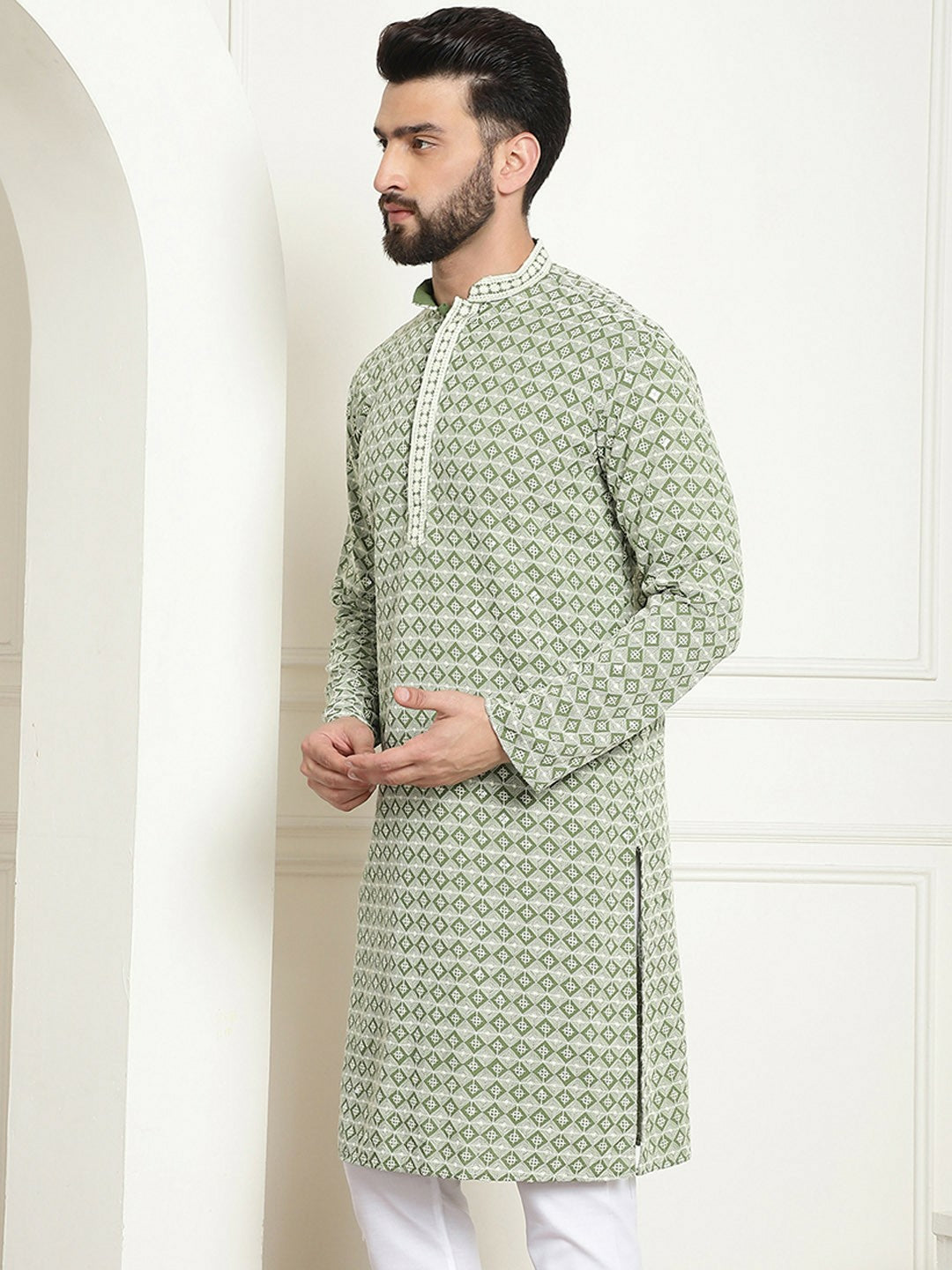 Men’s Green Geometric Embroidered Pure Cotton Kurta – Mandarin Collar, Straight Fit, Knee-Length | Indiaista