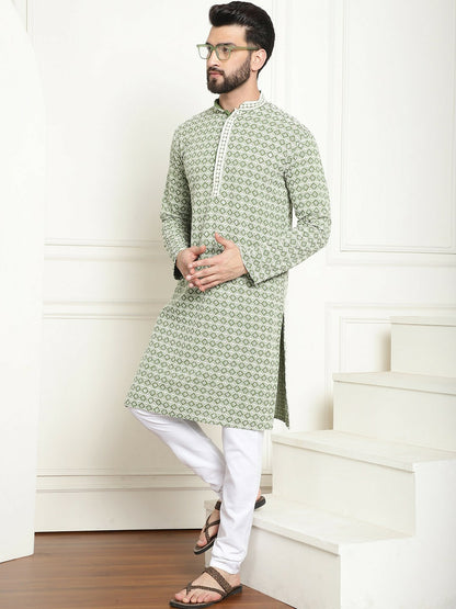 Men’s Green Geometric Embroidered Pure Cotton Kurta – Mandarin Collar, Straight Fit, Knee-Length | Indiaista