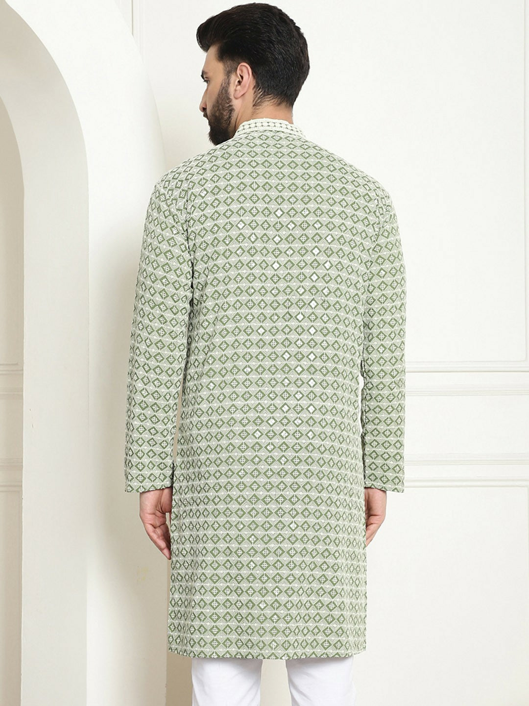 Men’s Green Geometric Embroidered Pure Cotton Kurta – Mandarin Collar, Straight Fit, Knee-Length | Indiaista