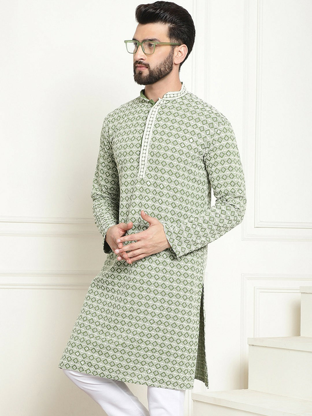 Men’s Green Geometric Embroidered Pure Cotton Kurta – Mandarin Collar, Straight Fit, Knee-Length | Indiaista