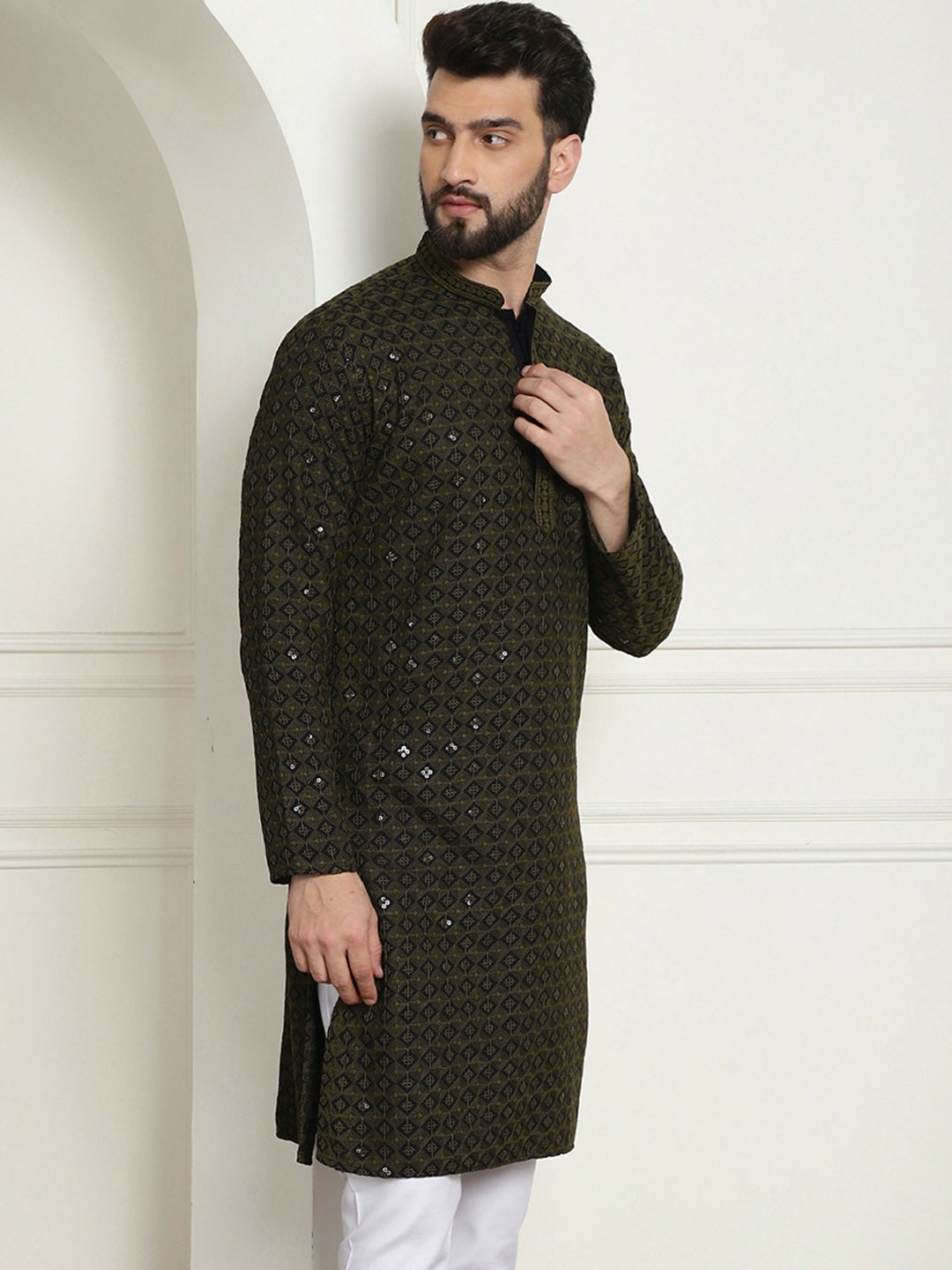 Olive Green Geometric Embroidered Men’s Kurta – Mandarin Collar, Thread Work, Cotton Ethnic Wear | Indiaista