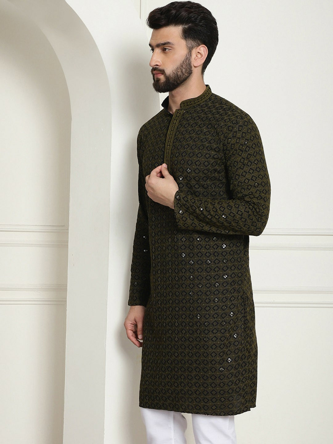 Olive Green Geometric Embroidered Men’s Kurta – Mandarin Collar, Thread Work, Cotton Ethnic Wear | Indiaista