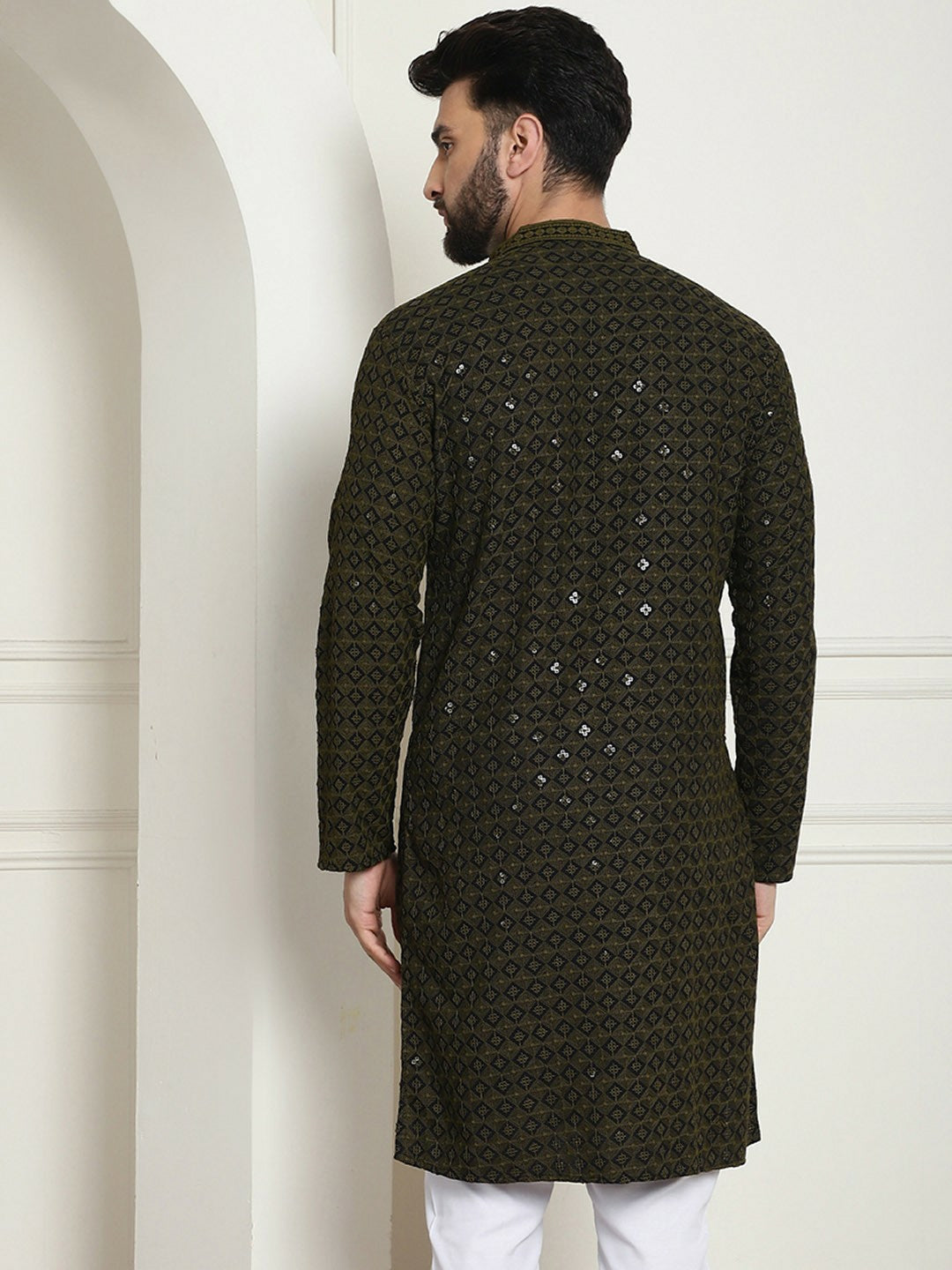 Olive Green Geometric Embroidered Men’s Kurta – Mandarin Collar, Thread Work, Cotton Ethnic Wear | Indiaista