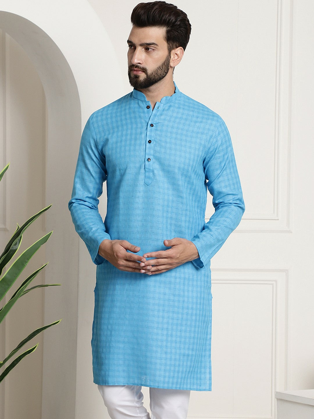 Men’s Blue Checked Dobby Cotton Kurta – Mandarin Collar, Knee Length, Regular Fit | Indiaista