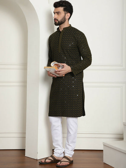 Olive Green Geometric Embroidered Men’s Kurta – Mandarin Collar, Thread Work, Cotton Ethnic Wear | Indiaista