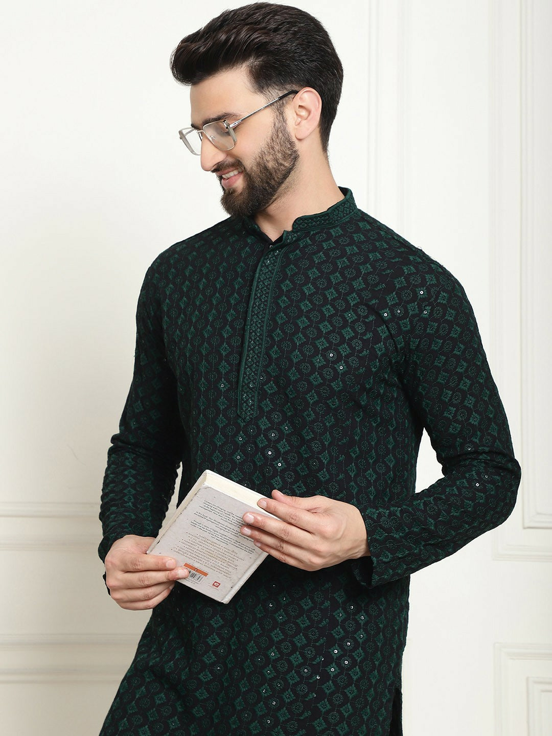 Green Men’s Ethnic Kurta – Embroidered Motifs, Sequined Mandarin Collar, Pure Cotton