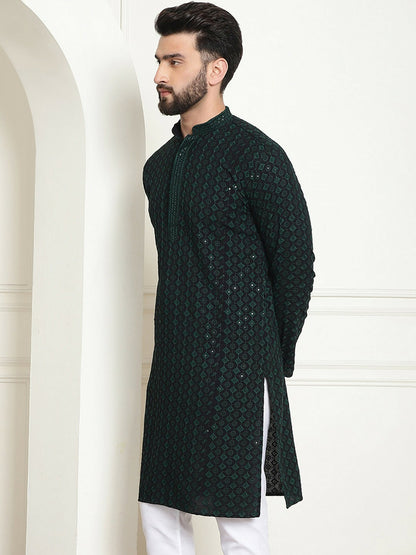 Green Men’s Ethnic Kurta – Embroidered Motifs, Sequined Mandarin Collar, Pure Cotton