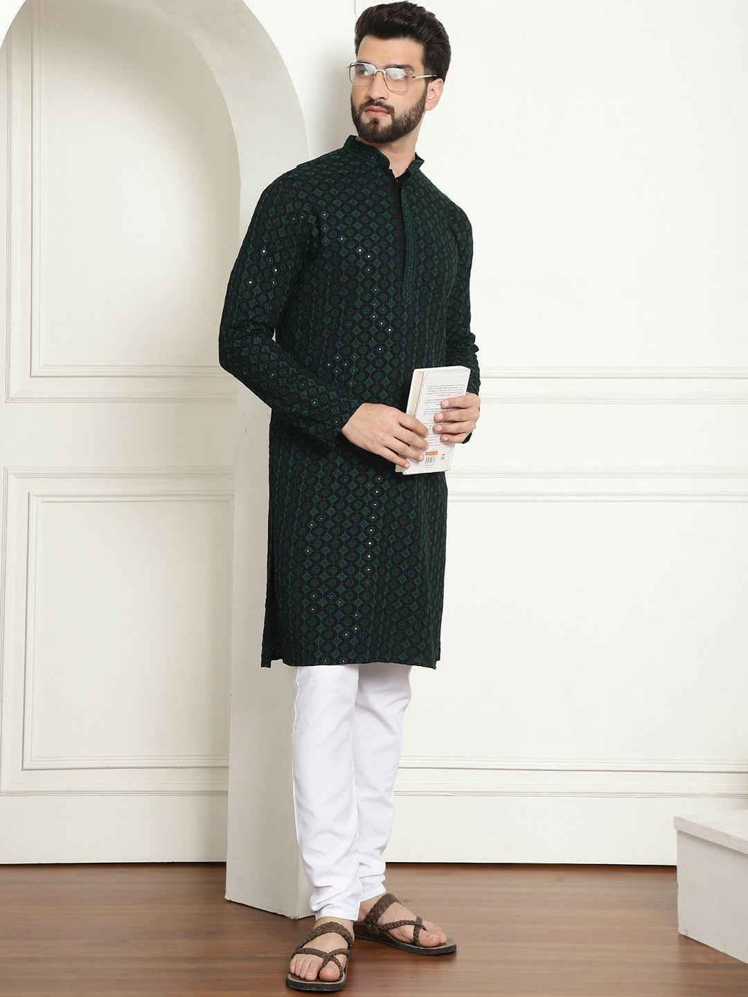 Green Men’s Ethnic Kurta – Embroidered Motifs, Sequined Mandarin Collar, Pure Cotton