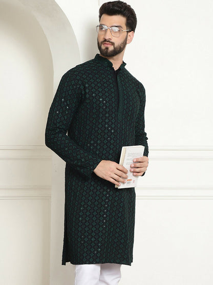 Green Men’s Ethnic Kurta – Embroidered Motifs, Sequined Mandarin Collar, Pure Cotton