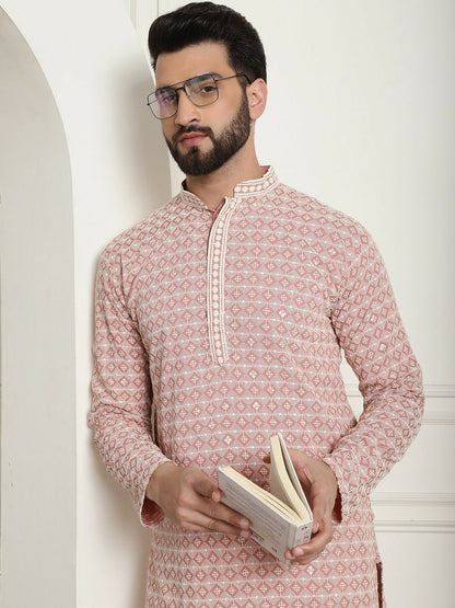 Peach-Coloured Geometric Embroidered Mandarin Collar Kurta for Men – Straight Fit, Pure Cotton | Indiaista