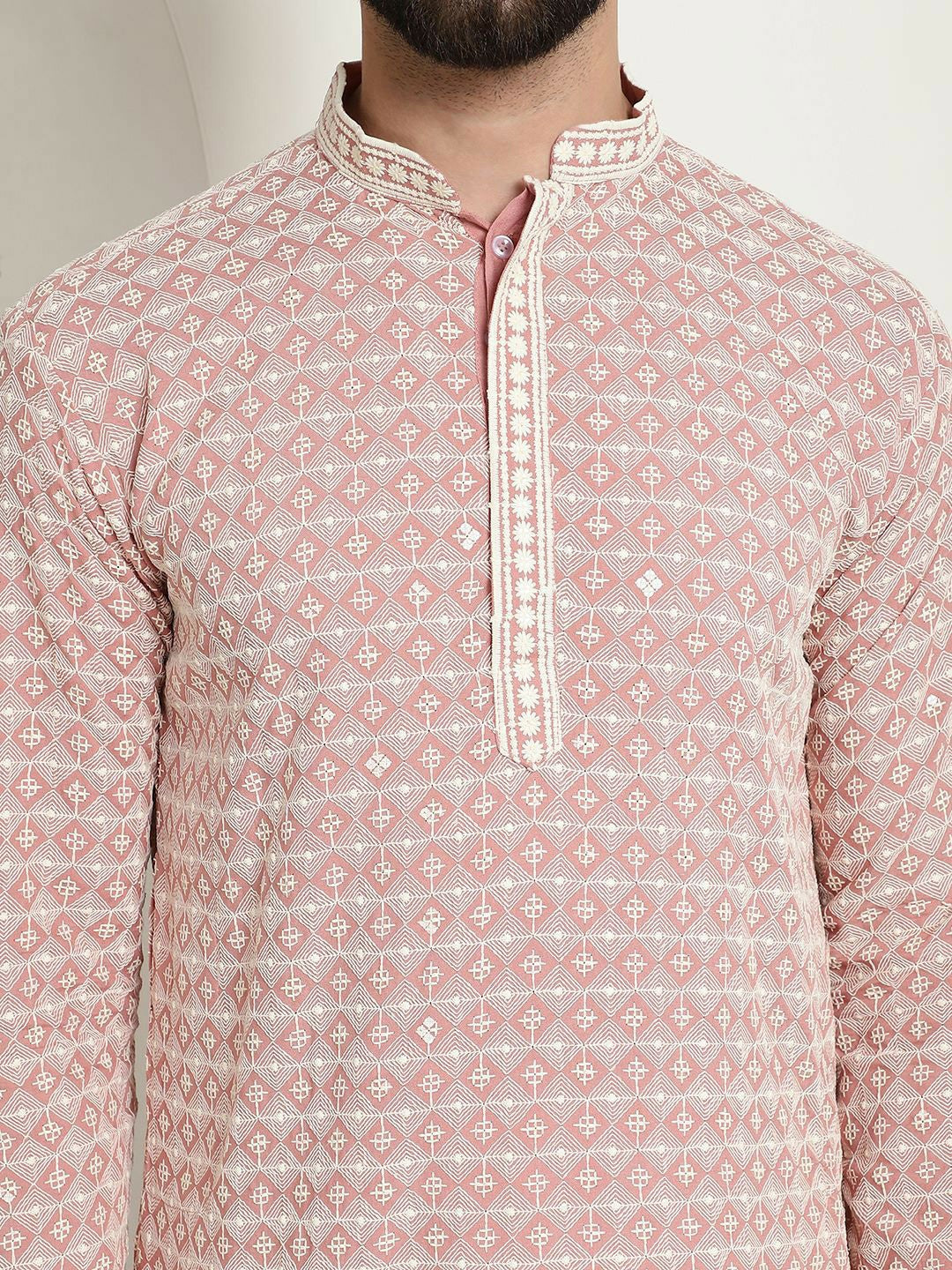 Peach-Coloured Geometric Embroidered Mandarin Collar Kurta for Men – Straight Fit, Pure Cotton | Indiaista