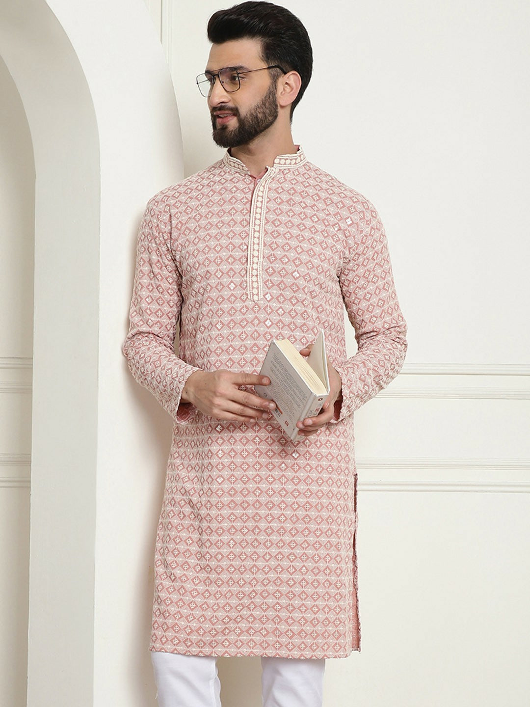 Peach-Coloured Geometric Embroidered Mandarin Collar Kurta for Men – Straight Fit, Pure Cotton | Indiaista