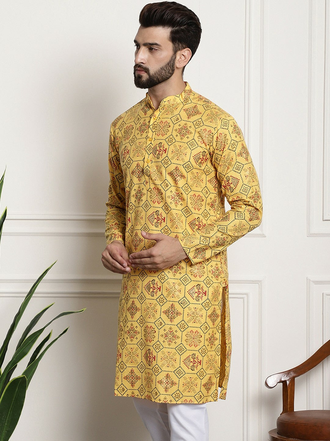 Yellow Ethnic Motifs Printed Men’s Kurta – Mandarin Collar, Cotton Linen, Knee Length | Indiaista