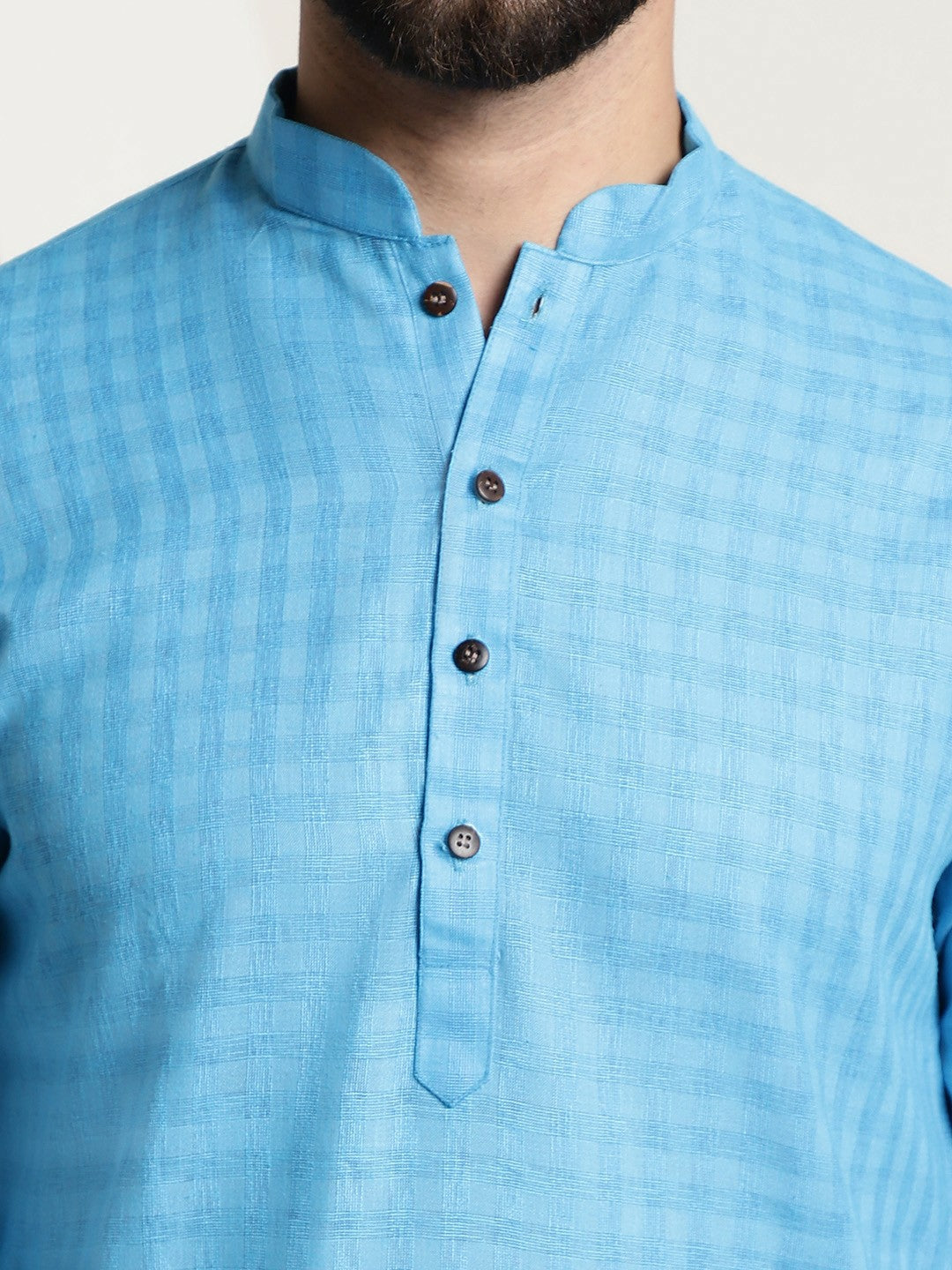 Men’s Blue Checked Dobby Cotton Kurta – Mandarin Collar, Knee Length, Regular Fit | Indiaista