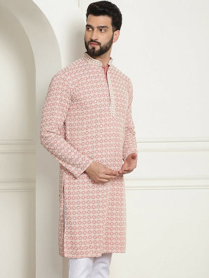 Peach-Coloured Geometric Embroidered Mandarin Collar Kurta for Men – Straight Fit, Pure Cotton | Indiaista