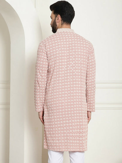 Peach-Coloured Geometric Embroidered Mandarin Collar Kurta for Men – Straight Fit, Pure Cotton | Indiaista