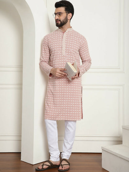 Peach-Coloured Geometric Embroidered Mandarin Collar Kurta for Men – Straight Fit, Pure Cotton | Indiaista