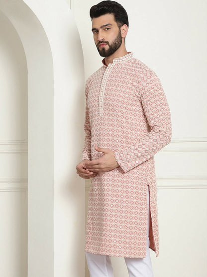 Peach-Coloured Geometric Embroidered Mandarin Collar Kurta for Men – Straight Fit, Pure Cotton | Indiaista