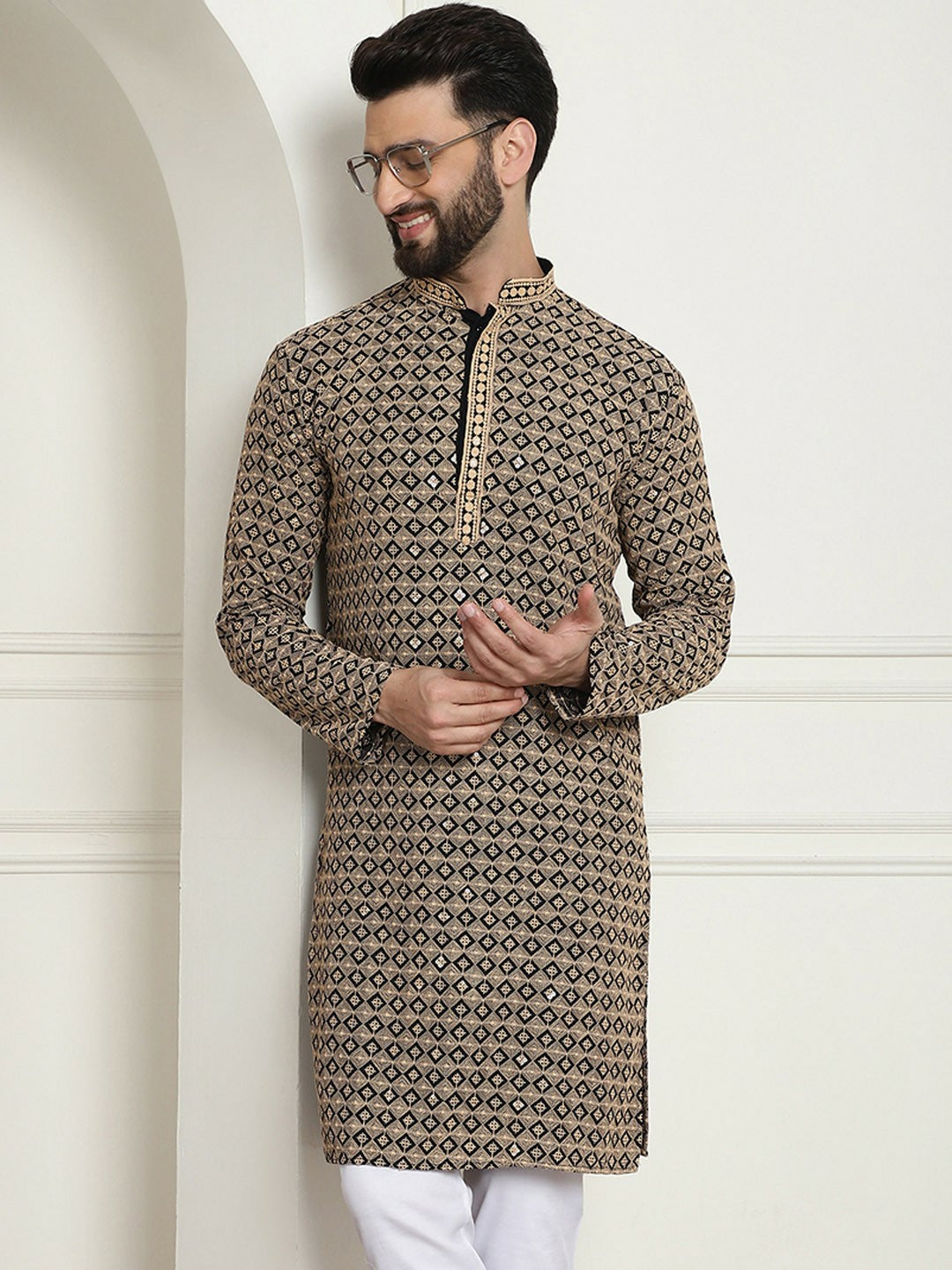 Black & Beige Geometric Embroidered Men’s Kurta – Pure Cotton, Mandarin Collar, Knee Length | Indiaista