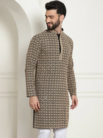 Black & Beige Geometric Embroidered Men’s Kurta – Pure Cotton, Mandarin Collar, Knee Length | Indiaista