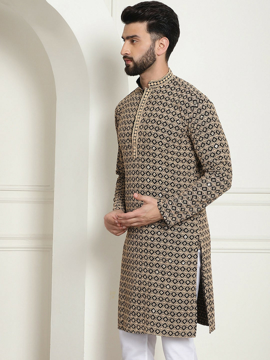 Black & Beige Geometric Embroidered Men’s Kurta – Pure Cotton, Mandarin Collar, Knee Length | Indiaista