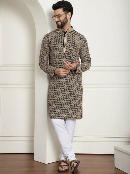 Black & Beige Geometric Embroidered Men’s Kurta – Pure Cotton, Mandarin Collar, Knee Length | Indiaista