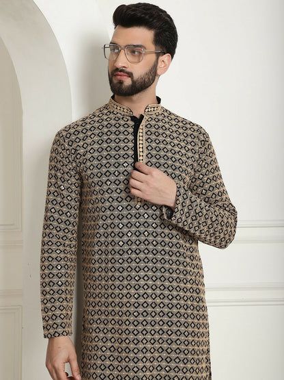 Black & Beige Geometric Embroidered Men’s Kurta – Pure Cotton, Mandarin Collar, Knee Length | Indiaista