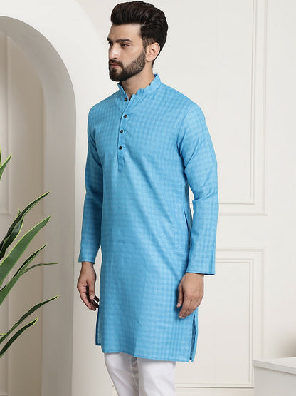 Men’s Blue Checked Dobby Cotton Kurta – Mandarin Collar, Knee Length, Regular Fit | Indiaista