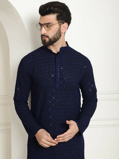 Navy Blue Geometric Embroidered Sequinned Pure Cotton Kurta for Men – Mandarin Collar, Straight Fit | Indiaista