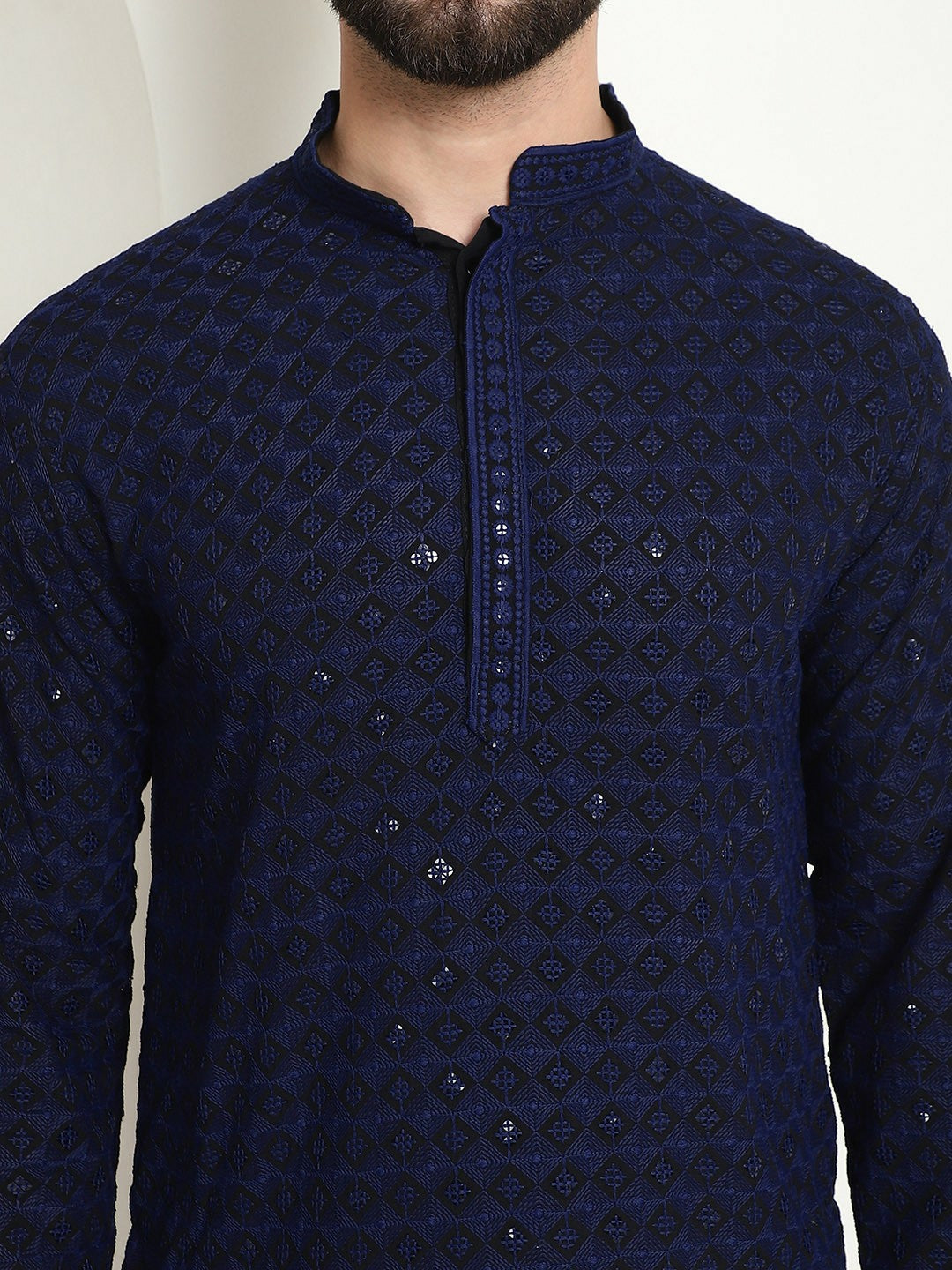 Navy Blue Geometric Embroidered Sequinned Pure Cotton Kurta for Men – Mandarin Collar, Straight Fit | Indiaista