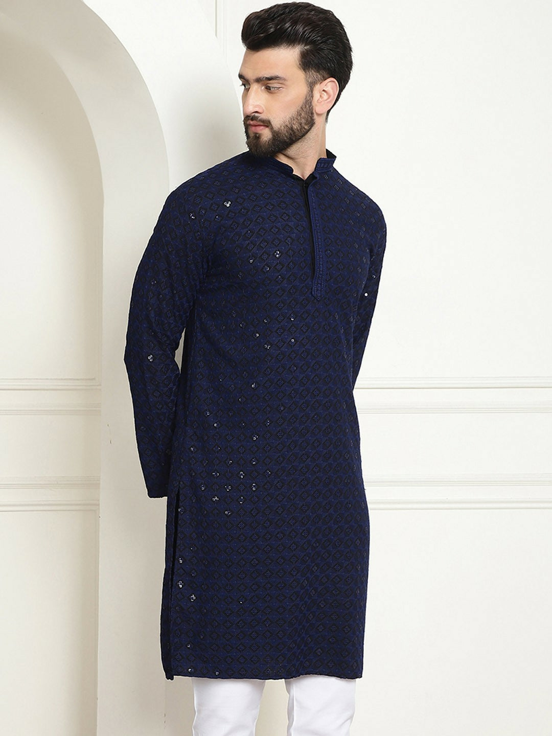 Navy Blue Geometric Embroidered Sequinned Pure Cotton Kurta for Men – Mandarin Collar, Straight Fit | Indiaista