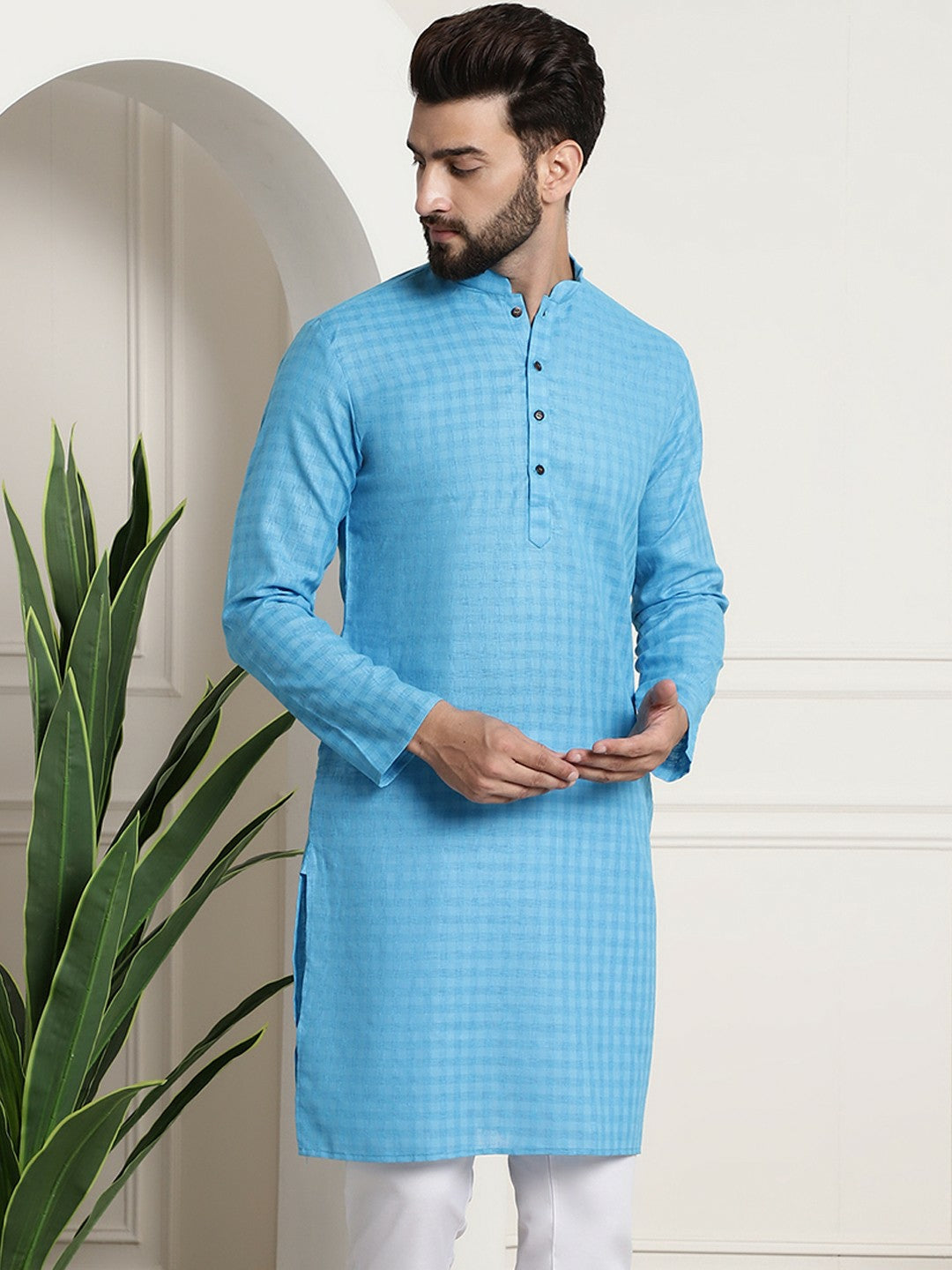 Men’s Blue Checked Dobby Cotton Kurta – Mandarin Collar, Knee Length, Regular Fit | Indiaista