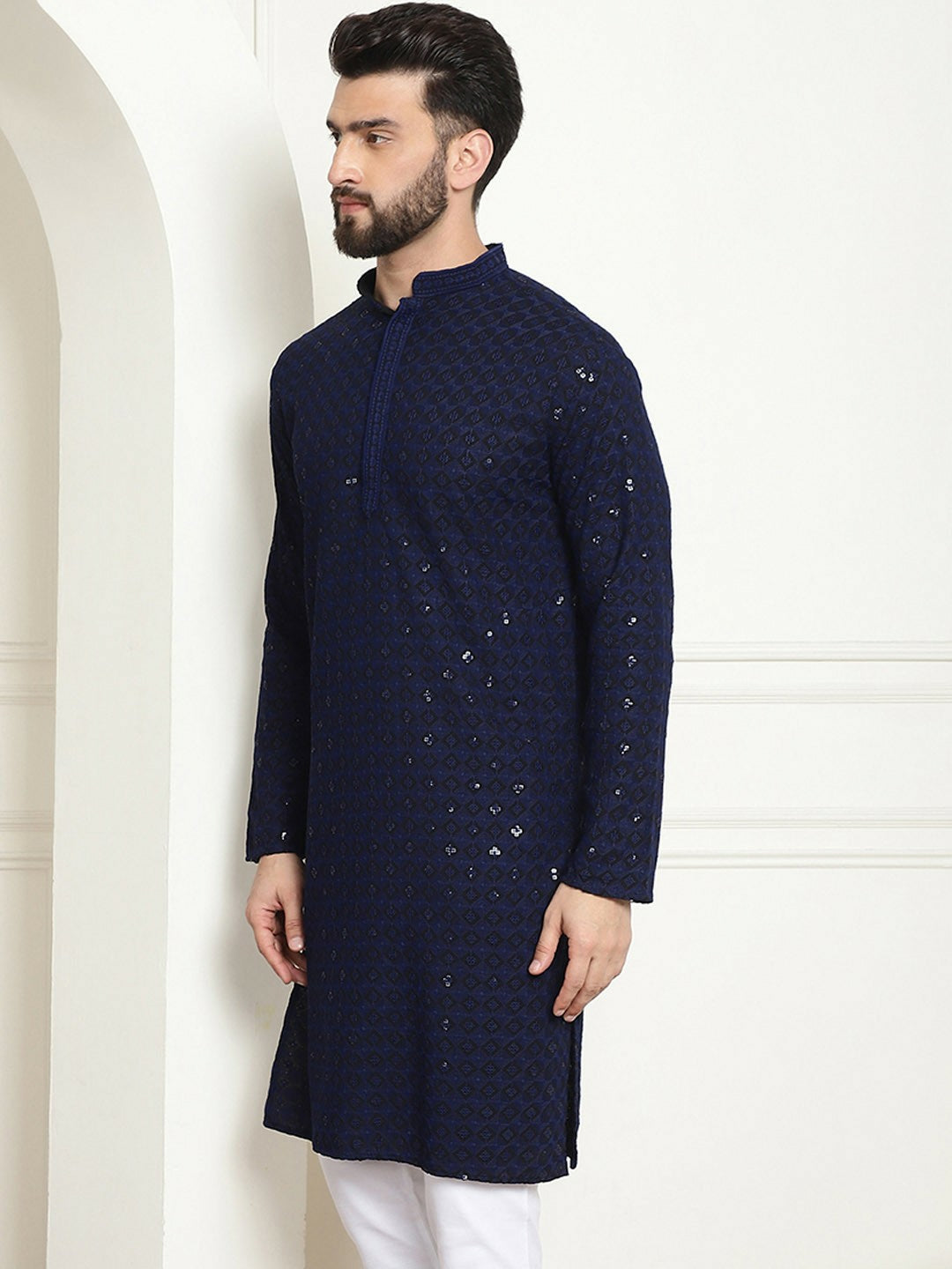 Navy Blue Geometric Embroidered Sequinned Pure Cotton Kurta for Men – Mandarin Collar, Straight Fit | Indiaista