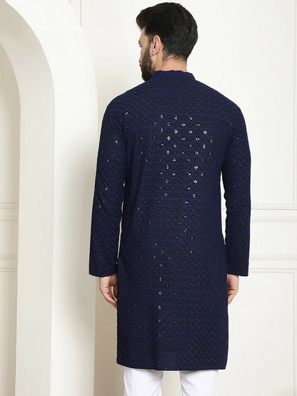 Navy Blue Geometric Embroidered Sequinned Pure Cotton Kurta for Men – Mandarin Collar, Straight Fit | Indiaista