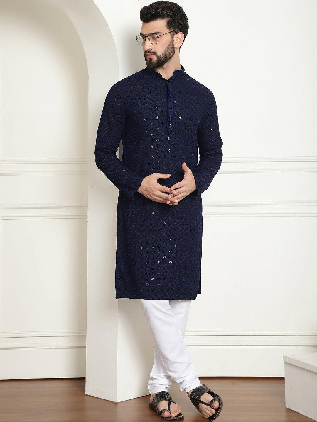 Navy Blue Geometric Embroidered Sequinned Pure Cotton Kurta for Men – Mandarin Collar, Straight Fit | Indiaista