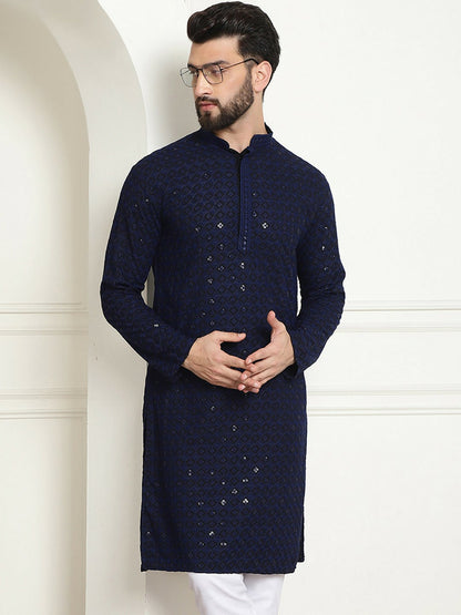 Navy Blue Geometric Embroidered Sequinned Pure Cotton Kurta for Men – Mandarin Collar, Straight Fit | Indiaista