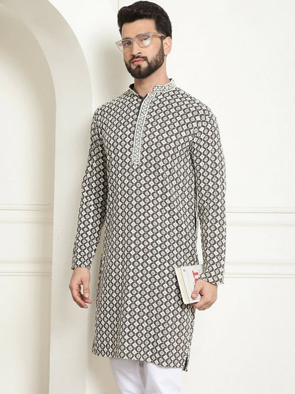 Men's White Geometric Embroidered Kurta – Mandarin Collar, Cotton, Above Knee Length | Indiaista