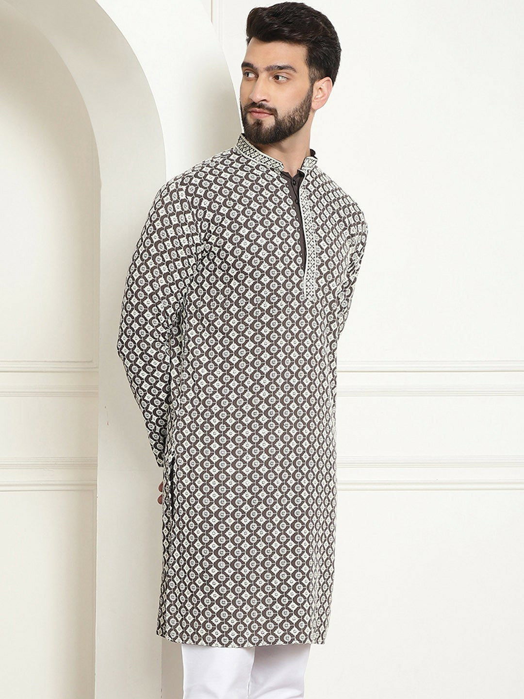 Men's White Geometric Embroidered Kurta – Mandarin Collar, Cotton, Above Knee Length | Indiaista