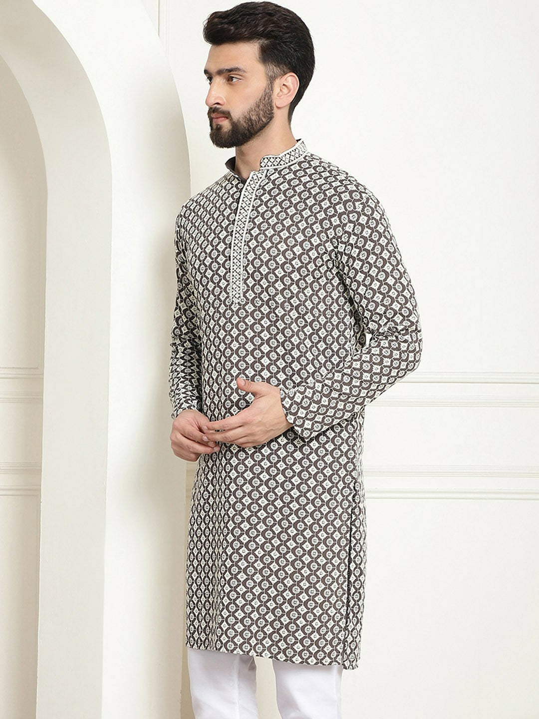 Men's White Geometric Embroidered Kurta – Mandarin Collar, Cotton, Above Knee Length | Indiaista